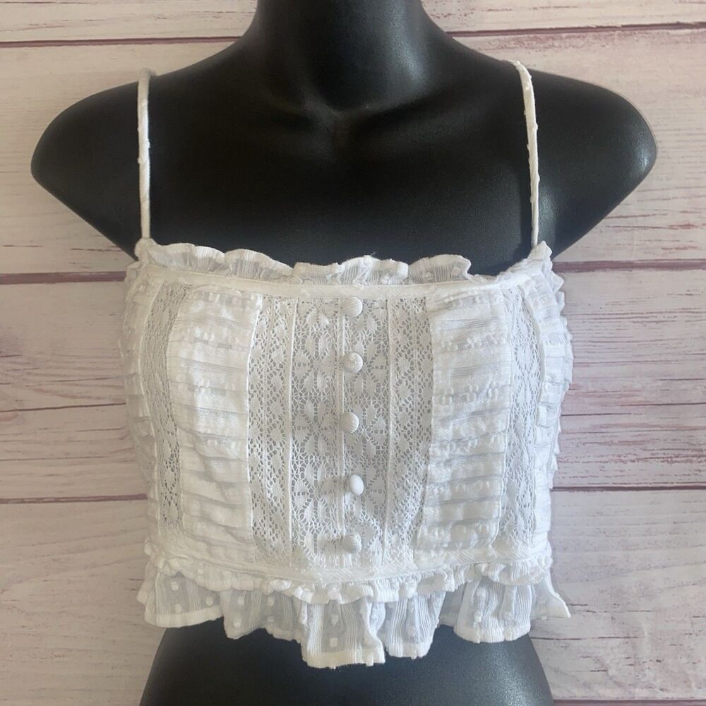 American Eagle Womens XL White Lace Ruffle Crop Cami Corset Tank Top Boho B28